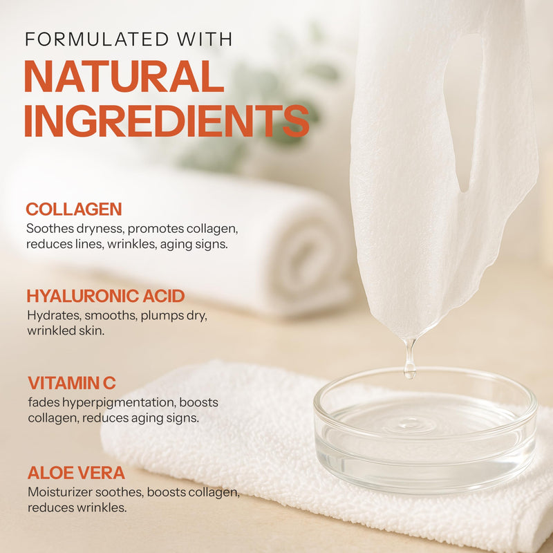 Skin 2.0 Vitamin C & Collagen Sheet Mask - Anti-Aging, Wrinkle & Age Spot Reducer, Hydrating & Moisturizing - Dermatologist Tested Korean Skincare, Clean Beauty, All Skin Types - 10 Count Vitamin C & Collagen (10pk)