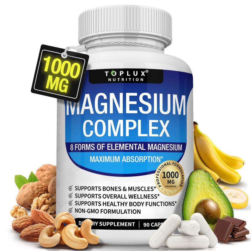 [Australia] - Magnesium Complex Supplement 8 Elemental 1000mg - Magnesium Glycinate, Citrate, Malate, Taurate, Chelated for Easy Absorption for Bones, Muscle, Recovery, Energy, Vegan Non-GMO 90 Capsules 90 Count (Pack of 1) 