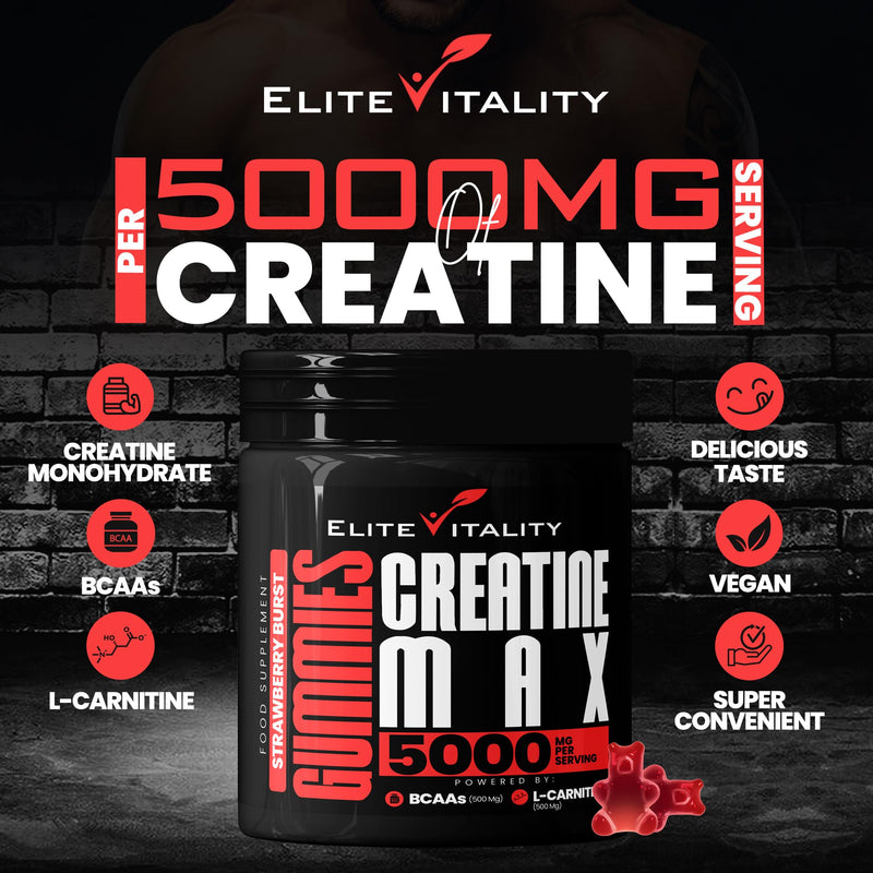 Creatine Monohydrate 90 Gummies 5000mg + BCAAs & L-Carnitine – 3rd Party Lab Tested, Vegan, Sugar-Free, Pre Workout Muscle Growth & Recovery Gym Supplement for Men & Women – Juicy Strawberry Burst