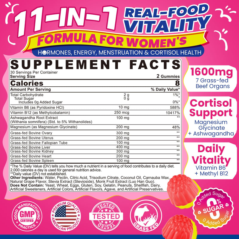 Beef Organ Supplement for Women- Grass Fed Beef Liver Gummies, Sugar Free | Grass-Fed Liver, Heart,Kidney, Spleen, Uterus,Ovary, Fallopian Tube, Magnesium for Energy, Cortisol & Hormone Balance, 2Pack