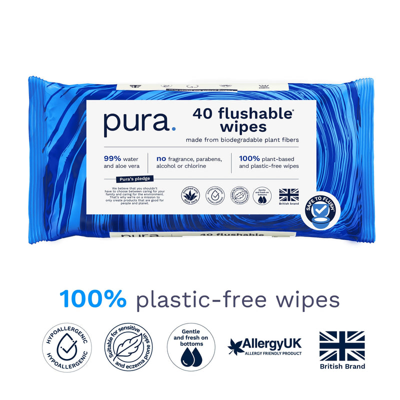 Pura Flushable Wipes 1 x 40 Toilet Wipes, 100% Plastic Free Moist Toilet Tissue, 99% Water, Totally Chlorine Free & Fragrance Free, Sensitive Skin 40 Count (Pack of 1)