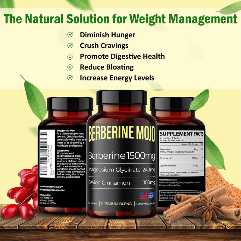[Australia] - Berberine Supplement 1500mg with Magnesium Glycinate 240mg and Ceylon Cinnamon 100mg for Gut Health & Weight Management for Women & Men - High Potency - 60 Tablets 
