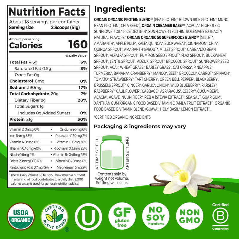 Orgain Organic Vegan 21g Protein + Superfoods Powder, Vanilla Bean, 2.02lb | Plant based protein, 50 superfoods, 8g prebiotic fiber, gluten free, no added sugar, non-GMO, no lactose ingredients 2.02 Pound (Pack of 1)