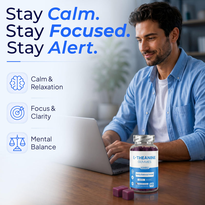 L Theanine Gummies for Calm Focus & Mental Balance with Vitamin B6 – 250 mg L Theanine per Serving, Delicious Mixed Berry Flavour, 60 Vegan Gummies – GUMEEZ