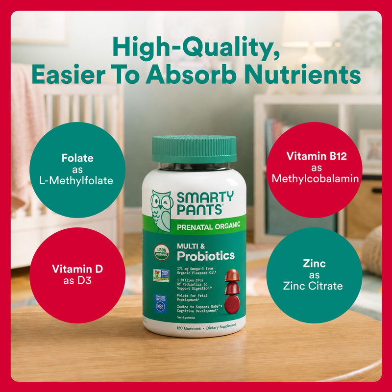 SmartyPants Organic Prenatal Vitamins for Women, Multivitamin Gummies: Probiotics, Biotin, Methylfolate, Omega 3 (ALA), Vitamin D3, C, Vitamin B12, B6, A, K2 & Zinc, Choline, 120 Count (30 Day Supply) 1 Count (Pack of 1) Organic + Probiotics