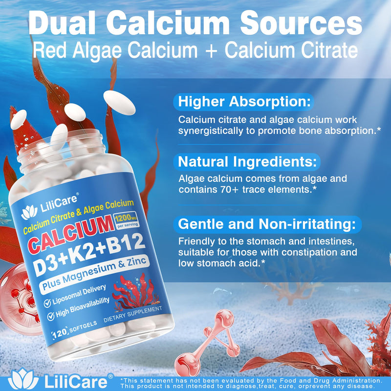 Calcium 1200 mg with Vitamin D3 K2 5000 IU Softgels Supplement for Women Men - Liposomal Calcium Citrate & Algae Calcium Magnesium Zinc + D3 K2 B12, Plant-Based Vegan Vitamin D, Boron for Bone,120ct 120 Count (Pack of 1)
