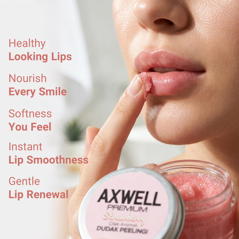 Axwell Premium Lip Scrub – Lip Exfoliator Scrub & Lip Scrubber Exfoliator for Dry Cracked Lips – Strawberry Lip Moisturizer for Very Dry Lips – Vitamin E Almond Oil Lip Balms & Moisturizers 1 fl oz