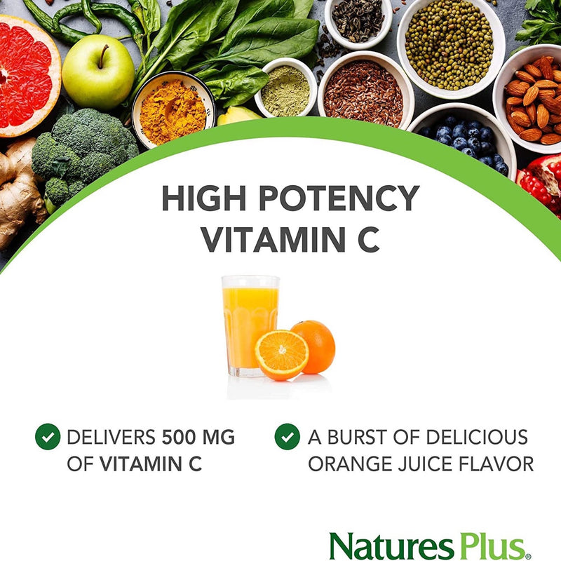 NaturesPlus Orange Juice Chewable Vitamin C 500 mg - Immune, Skin, Collagen, Antioxidant, Bone, Cartilage Support - Gluten Free, Vegan, 90 Chewable Tablets 90 count (Pack of 1)