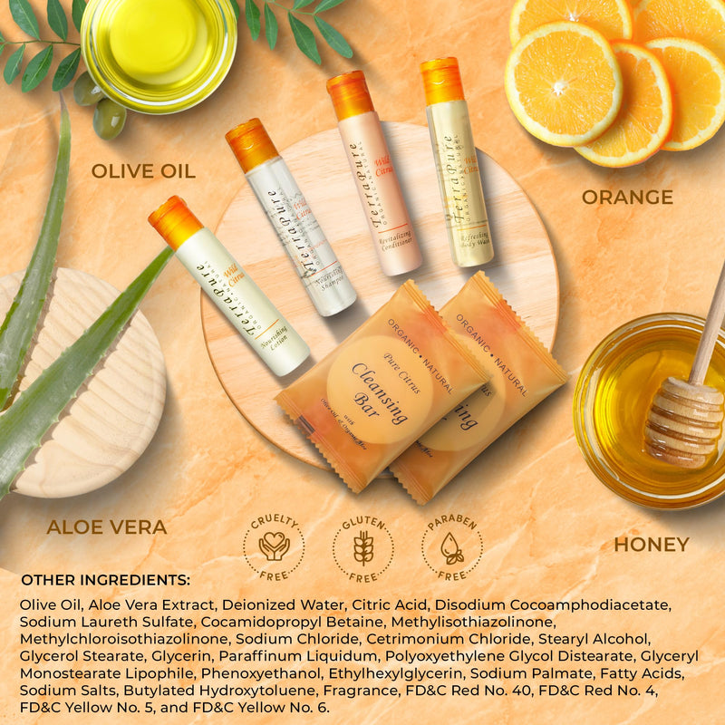 Terra Pure Amenity & Accessory Kit |1 oz Travel Size Shampoo, Conditioner, Lotion, Body Wash, 2 Cleansing Bars, Shave & Dental Sets, Make-Up Remover Wipes, & Vanity Kit | 1 set per case