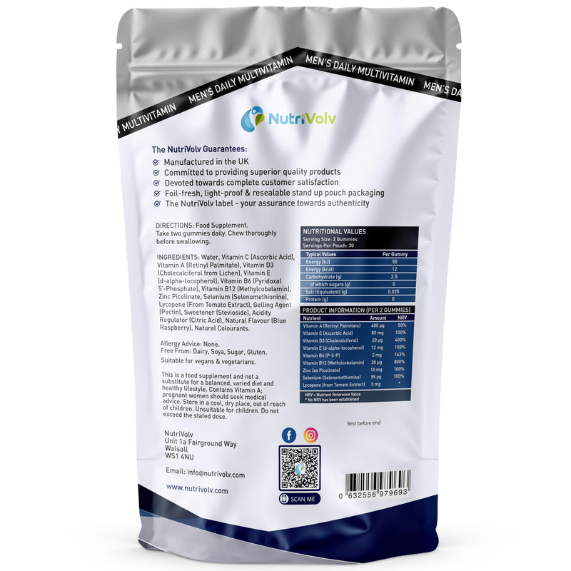 Men's Multivitamin Gummies | 60 Vegan Gummies | Vitamins A C D3 E B6 B12, Zinc, Selenium & Lycopene | Energy, Immune & Men's Wellness | Sugar Free | Blue Raspberry Flavour | UK Made | by NutriVolv
