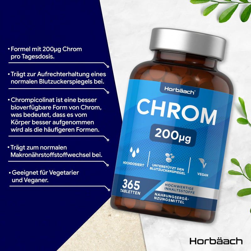 [Australia] - Chromium Tablets from Chromium Picolinate 200 mcg | 1 year supply - 365 vegan tablets | High-dose Chromium Picolinate | without unnecessary additives | Horbaach 