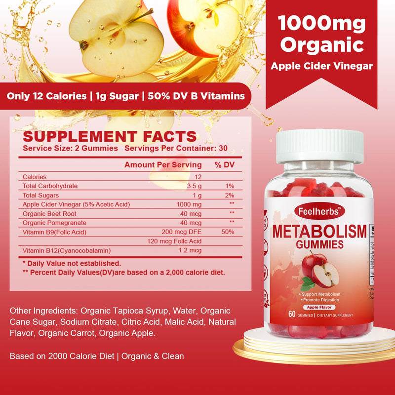 Metabolism Gummies for Women and Men Digestion & Energy, 60 Count Apple Cider Vinegar Gummies with Vitamin B12 & Beet Root, Chewable Keto ACV Vitamin for Metabolism & Detox Cleanse