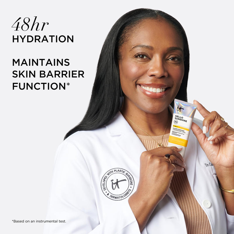 IT Cosmetics Hello Sunshine Hydrating Serum Facial Sunscreen SPF 50 | 3-in-1 Daily Face Sunscreen + Hydrating Serum + Makeup Primer - No White Cast, Sun + Pollution Protection for Face and Neck 2.7 Fl Oz