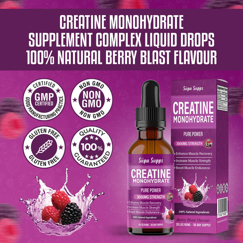 Creatine Monohydrate Drops 60ml - Liquid Alternative to Creatine Monohydrate Powder, Ideal for Gym Performance, Bulk Creatine Formula, Supports Muscle Growth, Recovery, and Energy - Berry Flavour 60 ml (Pack of 1)