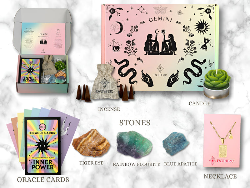 ESOTHERIC Zodiac Gifts for Women- Birthday Gifts Box Set with Crystals, Oracle Card Deck, Zodiac and Constellation Necklace, Succulent Candle, Incense Cones, Horoscope and Crystal Guide- Gemini
