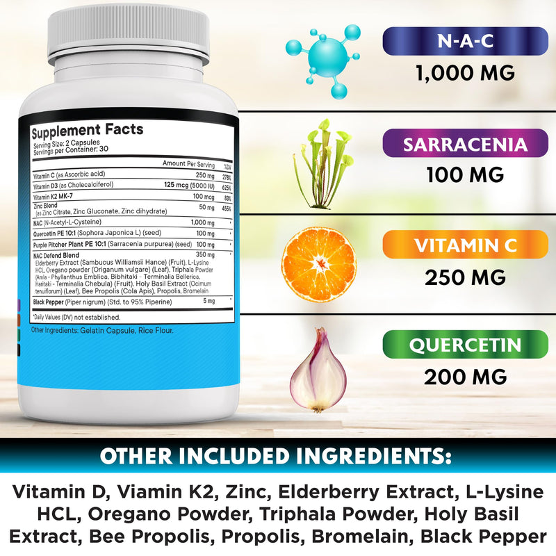 [Australia] - NEW AGE NAC Supplement N-Acetyl Cysteine- with Vitamin D3, K2, Zinc, Quercetin, Triphala, Sarracenia Purpurea, Elderberry, Holy Basil, Bee Propolis, Bromelain, L-Lysine - 120 Count 60 Count (Pack of 2) 