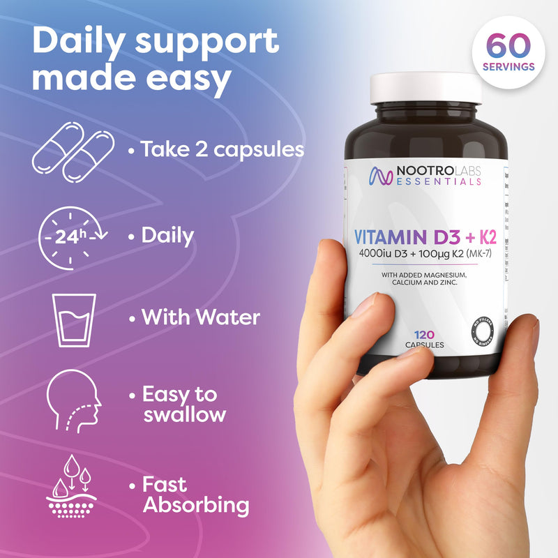 Nootro Labs Essentials Vitamin D3 4000 iu and K2 Capsules, Daily Vitamin D Supplements with Zinc and Magnesium for Joint Care, Bone & Heart Health and Immune Support (60 Servings - 2 Month Supply)