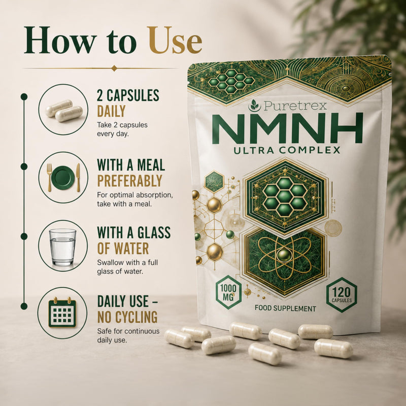 PURETREX NMNH Supplements 1000mg Ultra Complex Vegan 120 Capsules – Made in UK Alternative with Resveratrol, NAD+ Booster for Energy, CoQ10, TMG & Quercetin for Cellular Support & Healthy Ageing