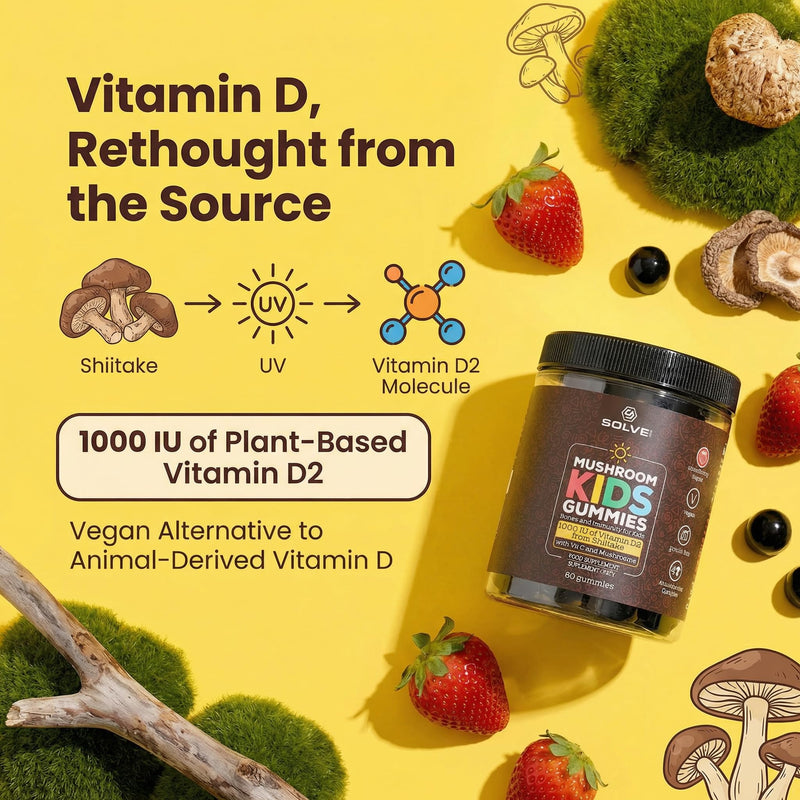 Mushroom Kids Gummies with Vitamin D2 & C | Sugar-Free, Vegan Daily Nutrition for Bones, Immunity & Focus | Lion’s Mane, Reishi, Chaga & Shiitake | Ages 3+ | 60 Gummies | Solve Labs