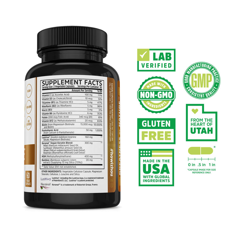 Zhou Hairfluence Supplement - 60 Veggie Capsules (Pack of 1) | Vegan Biotin Supplement for Hair Growth for Men & Women, Supports Stronger & Healthier Hair & Nails 60 Count (Pack of 1)