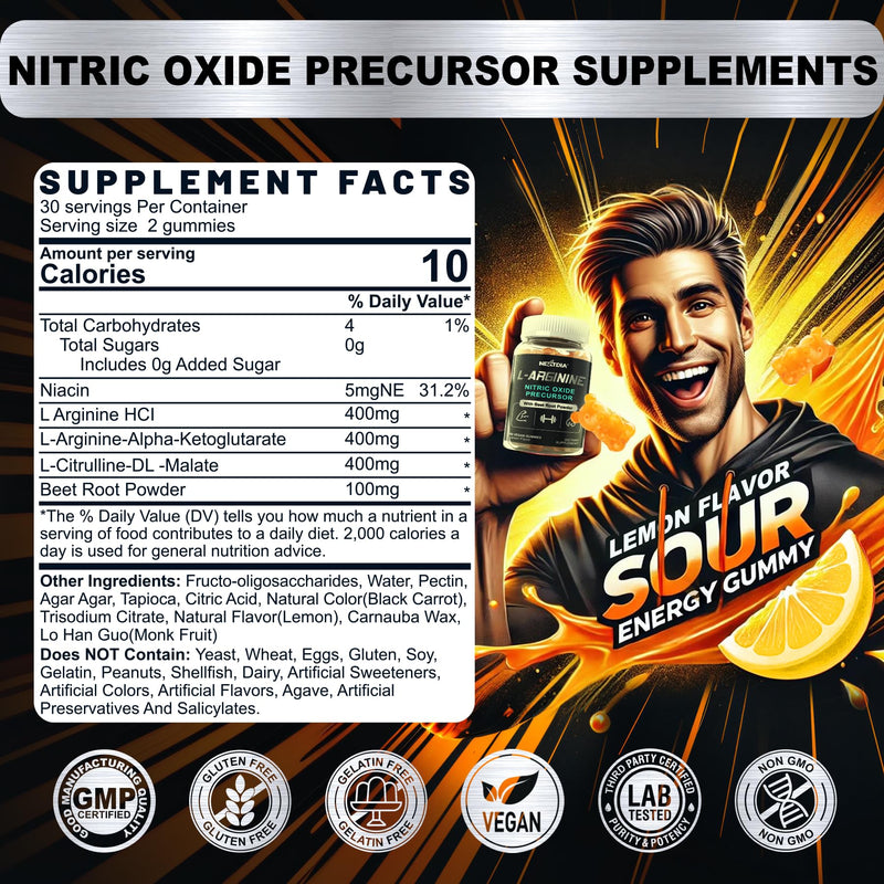 [Australia] - Sugar Free L Arginine Nitric Oxide Gummies 1300mg for Men & Women with L Citrulline, Beet Root, B3 | L Arginine L Citrulline Supplements | Vegan, 60 Counts 60 Count (Pack of 1) 