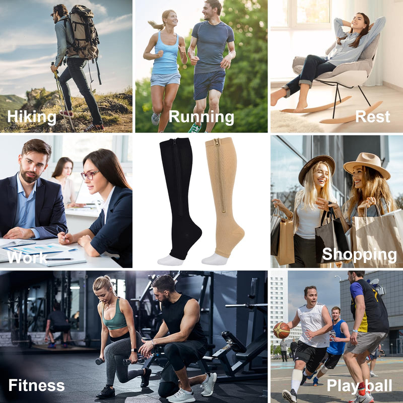 [Australia] - Naapesi 2 Pairs Zip Compression Socks, Zip Compression Socks, Calf Height, Open Toe Support Stockings for Varicose Veins, Edema, Recovery, Pregnant 
