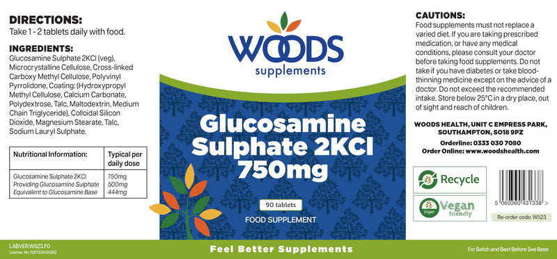 Woods Supplements - Vegan Glucosamine Sulphate 2KCl 750mg x90 Tablets. for Joint, Knee Support & Bone Health. Sodium Free Glucosamine Sulphate Tablets. Premium Joint Supplements for Women & Men 90