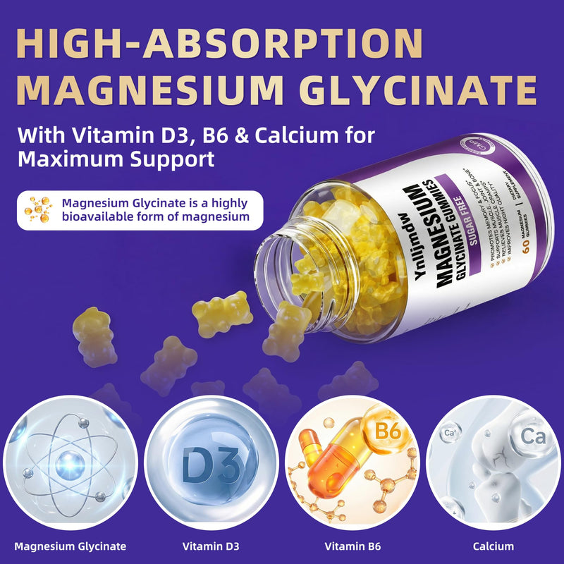 Magnesium Glycinate Gummies 500mg 2 Pack, Magnesium High-Absorption | Magnesium with Calcium & Vitamins,High-Absorption, Supports Bone,Muscle&Sleep, Vegan,Non-GMO,Pineapple Flavor 60 Count (Pack of 2)