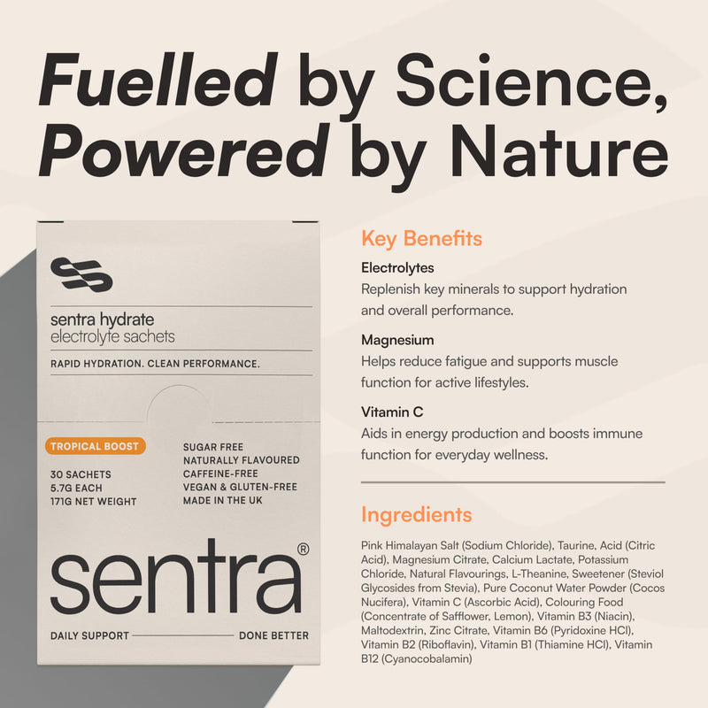 Sentra® Electrolytes Sachets Powder | 30 x Tropical Zero Sugar | For Rehydration & Recovery | Packed With Taurine, L Theanine Vitamin C B1, B3, B5, B12 Supplement Drink | Electrolyte Hydration Tablets