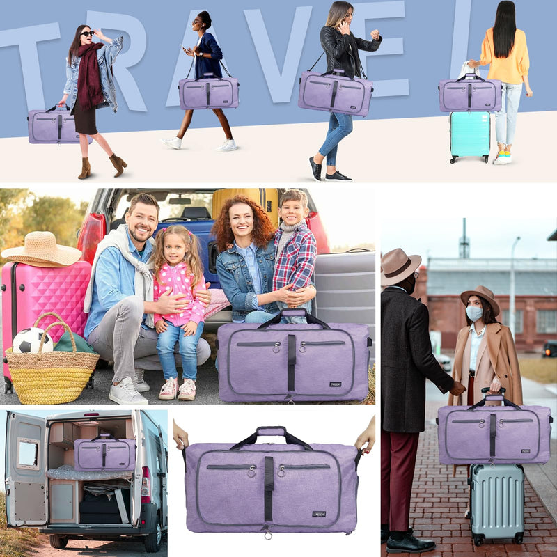 65L Duffle Bag Foldable Travel Duffel Bags for Men Women Travel Bag | Shoes Compartment, 65L Large Capacity, Foldable, Packable, Water Repellent, Tear Resistant, for Traveling Gym Overnight Camp Textured Purple