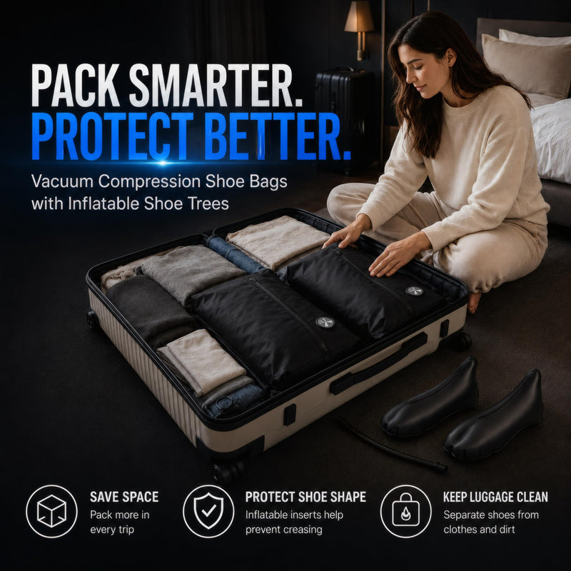 LIL SUB Travel Vacuum Compression Shoe Bags with Inflatable Shoe Trees, Space Saving Shoe Storage Bags, Built-In Hand Pump & Air Pump Compatible Shoe Organizer, Mixed Set: 1 Compression + 1 Regular Black