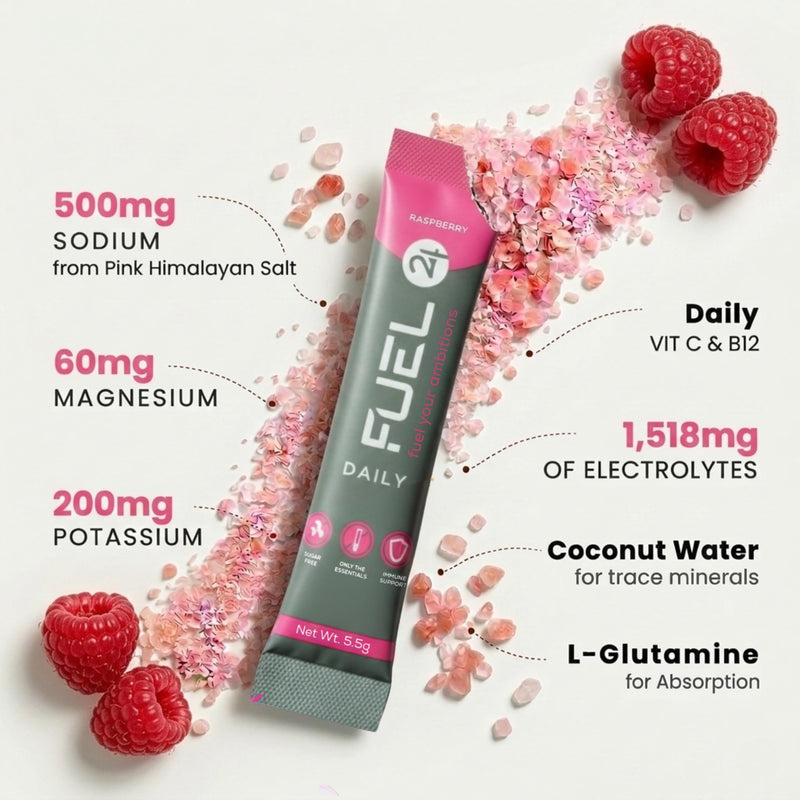 Fuel24 Electrolytes - Daily Hydration Sachets, Zero Sugar, Electrolyte Powder (10 or 30 Pack) Essential Minerals - Sodium, Magnesium, Potassium, Vitamin C B12 & L Glutamine (30 Pack, Raspberry)