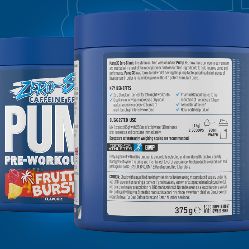 Applied Nutrition Pump Zero Pre Workout - Zero Stim, Caffeine Free, Energy & Performance (375g - 25 Servings) (Fruit Burst) Zero Stimulant - Fruit Burst