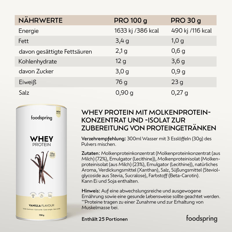 [Australia] - foodspring - Whey Protein Powder Vanilla - With 23g protein for building muscle, perfect solubility, ultra-filtered, rich in BCAAs & EAAs - full-bodied & delicious taste (750g) 