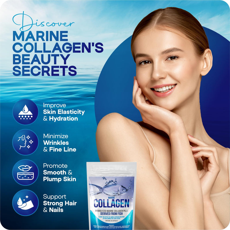 Hydrolyzed Fish Collagen Marine Capsules – Skin, Joint Health Support Supplement – 5000mg, 30 Capsules – Pure Fish Collagen for Healthy Skin, Hair, Nails, and Joints – Made in the UK
