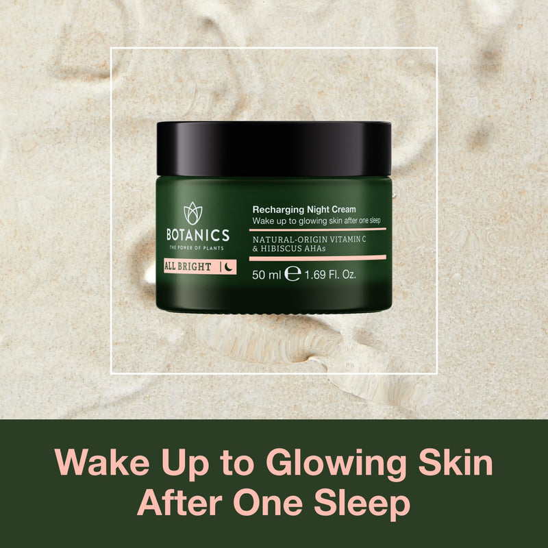 Botanics All Bright Recharging Vitamin C Night Cream & Moisturizer, 1.69 oz | Brightens & Smooths for Glowing Skin, Hydrating & Nourishing, Hibiscus AHAs, Women & Men, Vegan & Cruelty-Free