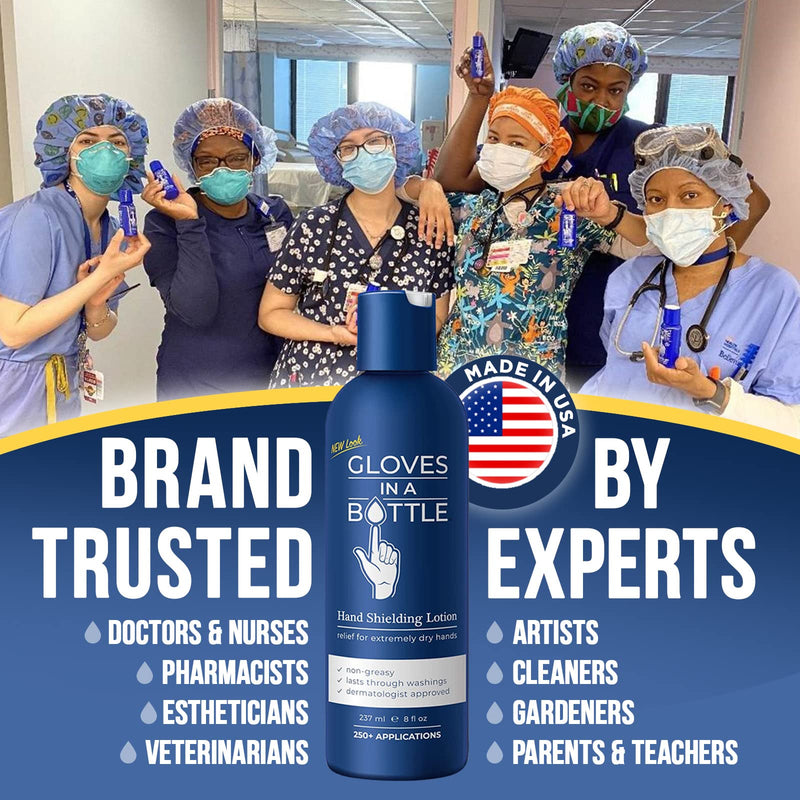 [Australia] - Gloves In A Bottle Non Greasy Healthcare Workers Hand Creams – Hand Cream for Nurses – Silicone Glove Cream – Water Resistant Dry Cracked Hands Treatment – Relief for Eczema – 2 oz & 8 oz with Pump Pack count 2 
