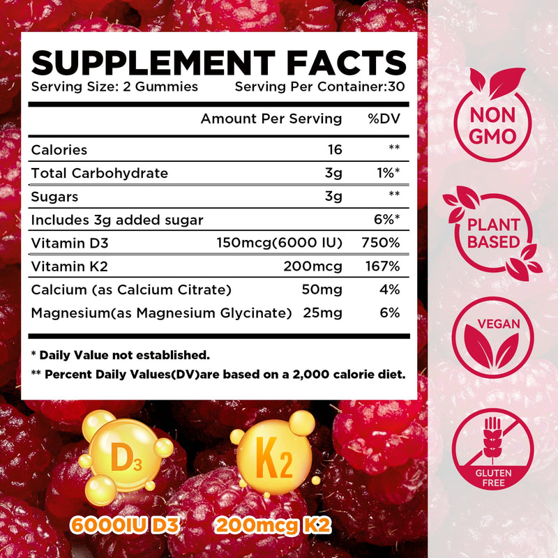 Aromlife Vitamin D3 K2 Gummies, 6000IU D3 + 200mcg K2 Per Serving High Absorption Vitamin Gummies with Calcium & Magnesium for Women Men, 60 Count Raspberry Flavor Vegan Gluten-Free