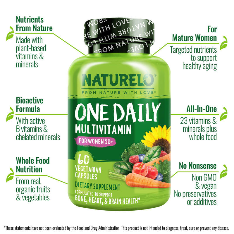 NATURELO One Daily Multivitamin for Men 50+, 60 Capsules and One Daily Multivitamin for Women 50+ (Iron Free), 60 Capsules Bundle - 2 Month Supply