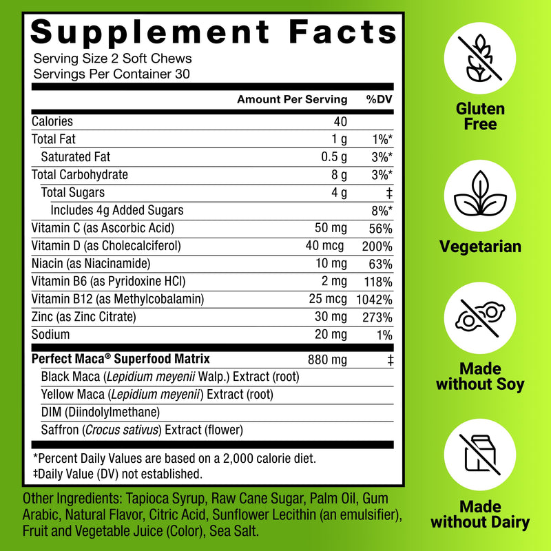 Force Factor Perfect Maca, Maca Root & DIM Supplement with Saffron | Boost Energy and Mood, with Yellow and Black Maca, Vitamins, Minerals, and Antioxidants, Dark Cherry Flavor, 60 Soft Chews 60 Count (Pack of 1) Herbal Supplement