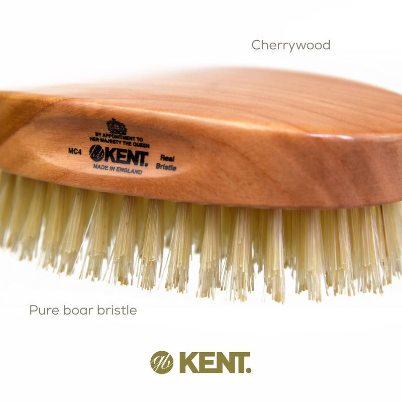[Australia] - Kent MC4 Men's Hair and Beard Brush Kit: Exfoliating Natural Boar Bristle Hair Brush, Cherrywood Base with Firm Bristles for Coarse Hair Types - LPC3 Brush Cleaner - Premium Grooming Set MC4. 