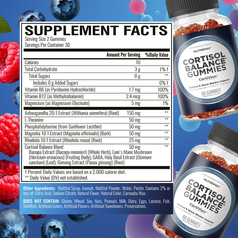 NutraPep Cortisol Gummies for Women Men - 13-in-1 High Cortisol Reducer | with Ashwagandha Magnesium L-theanine Rhodiola Rosea - Daily Cortisol Detox Manager for Stress Focus Support 60 Count (Pack of 1)