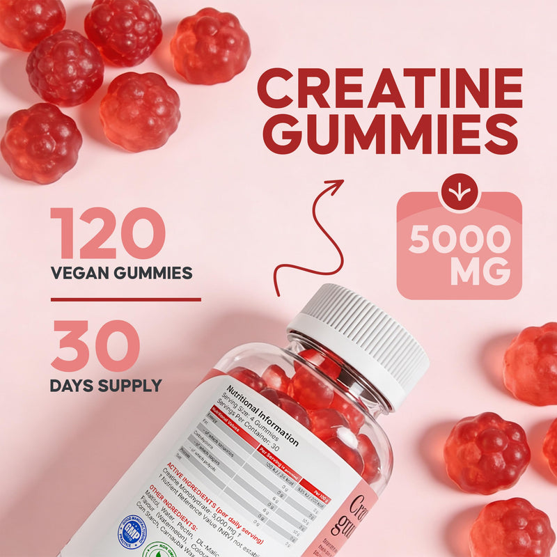 Creatine Gummies 5000mg | Creatine Monohydrate Gummies | 120 Sugar Free Vegan Creatine Gummies | Watermelon Flavour, 30 Day Supply, Pre Workout & Post Workout Gummies for Men & Women