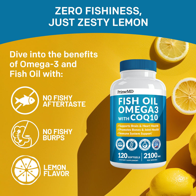 [Australia] - 5-in-1 Fish Oil Omega 3 Supplements with Vitamins D3 & K2 and CoQ10 - DHA EPA Omega 3 Fish Oil Supplements - Lemon Flavored Omega 3 Fatty Acid Supplements with 2100mg Per Serving (120ct) 