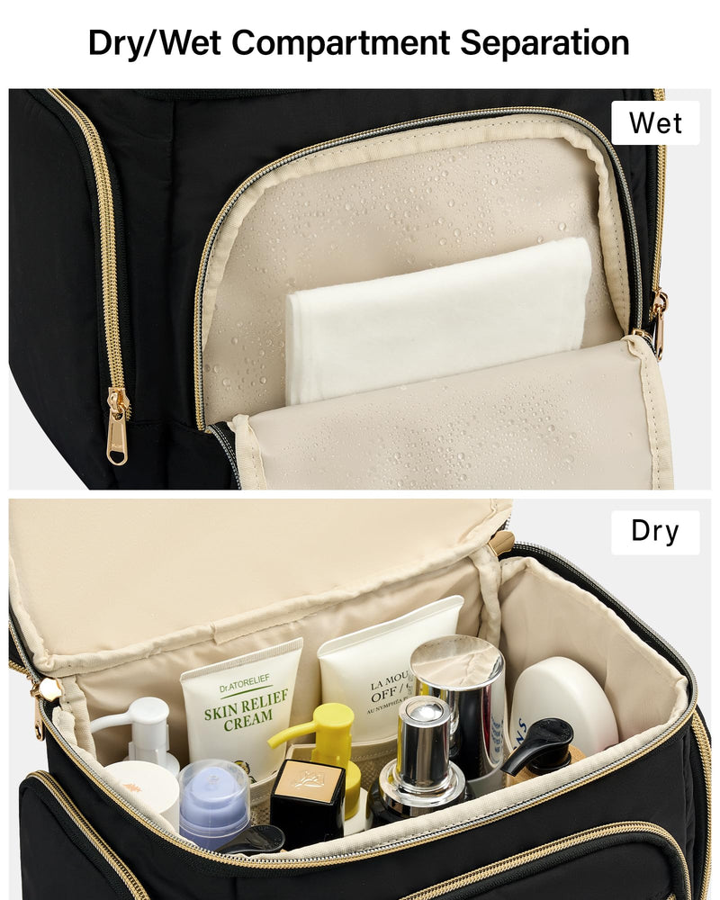 Hanke Large Toiletry Bag for Women Travel, Double Layer Organizer with Wide Opening for Full-Size Cosmetics & Toiletries, 12.2L Water-Resistant Makeup Bag,Black Black