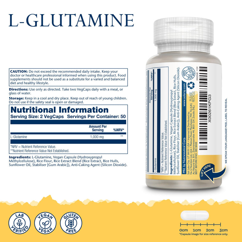 Solaray L-Glutamine 1000mg - 100 Vegan Capsules - High Strength Glutamine Amino Acid - Post Workout Recovery Supplement for Men & Women - Lab Verified & Magnesium Stearate Free