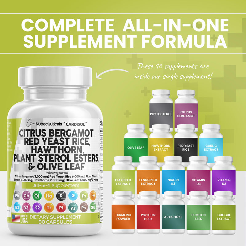 [Australia] - Clean Nutraceuticals Citrus Bergamot 3000mg Red Yeast Rice 6000mg Capsules with Plant Sterols 6000mg - with Hawthorn Extract Olive Leaf Niacin Vitamin K3 D3 COQ10 Guggul & More - USA Made 