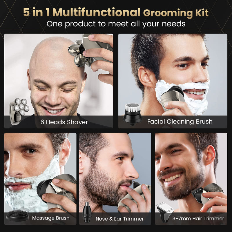 [Australia] - Electric Razor for Bald Men, Head Shavers for Men 5-in-1 Multifunctional 6D Electric Head Shaver Waterproof Recharageable Rotary Shaver Grooming Kit Mens Electric Shaver 