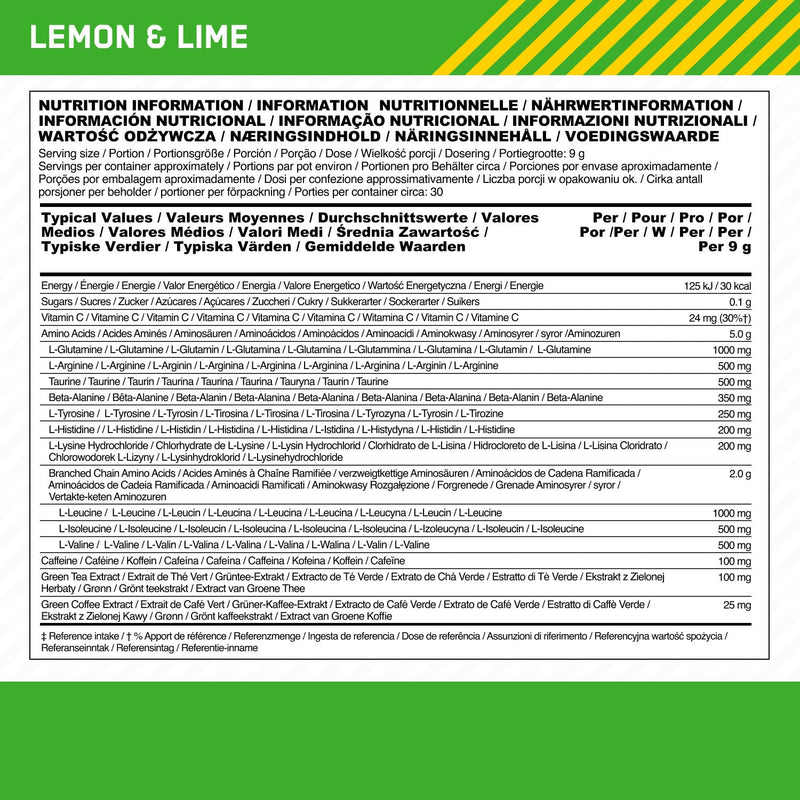 Optimum Nutrition Amino Energy Pre Workout Powder, Energy Drink with Amino Acids, BCAA, L-Glutamine and L-Leucine, Food Supplement with Vitamin C and Caffeine, Lemon Lime Flavour, 30 Servings, 270 g
