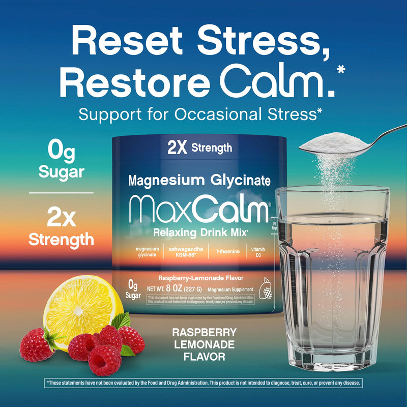 Relaxing Drink Mix | Raspberry-Lemonade Flavor | Magnesium Glycinate, KSM-66 Ashwagandha, L-Theanine & Vitamin D3 | MaxCalm | Gluten-Free, Vegan | 8 Ounce Powder